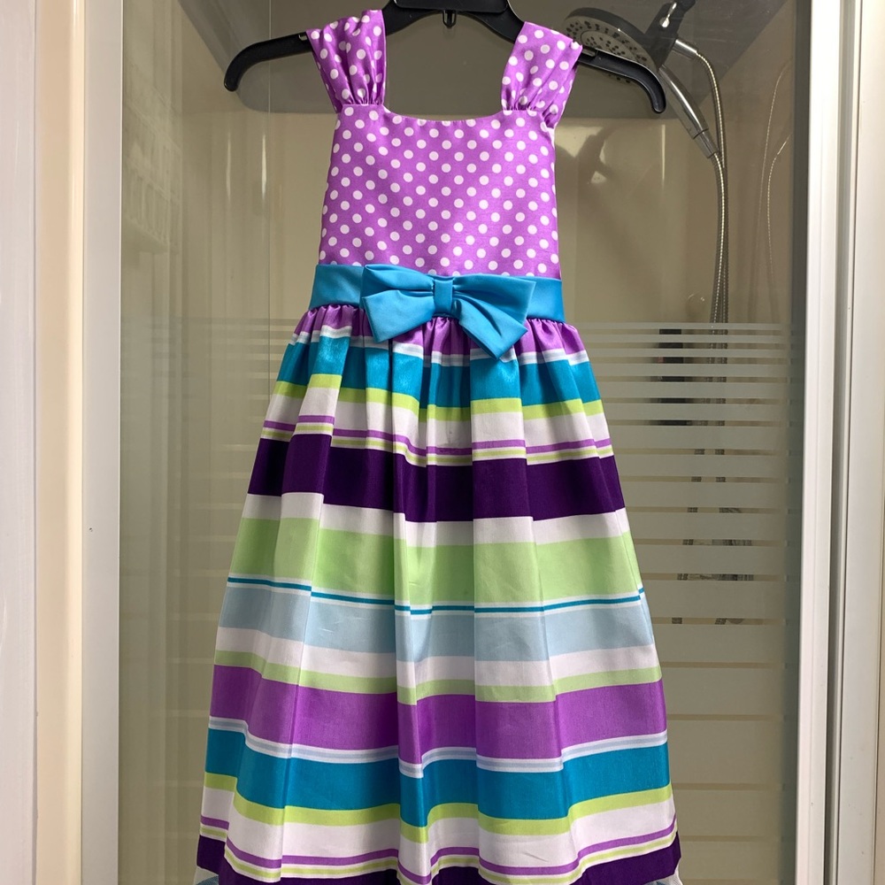 Bonnie Jean Lavender Polka Dot/Striped Dress Size 7 EUC